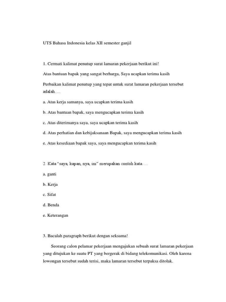 Uts Bahasa Indonesia Kelas Xii Semester Ganjil | PDF