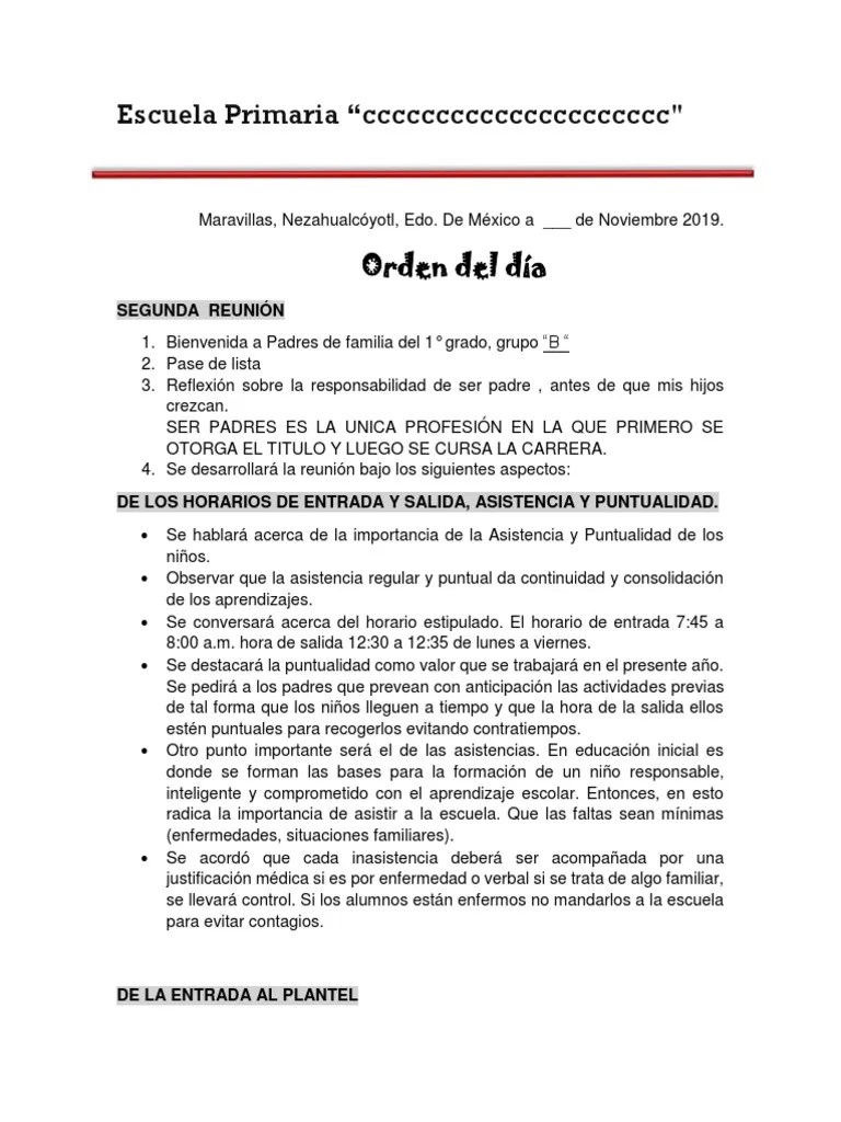 Orden Del Dia. Reunion Con Padres de Familia Estudiantes Educación