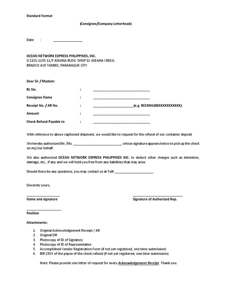 Standard Request Letter For Container Deposit Refund PDF