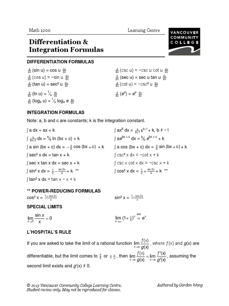 Maths differentiation And integration formulas