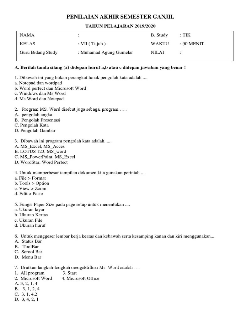 45+ Contoh Soal UAS TIK Kelas 8 SMP MTs Semester Ganjil | PDF