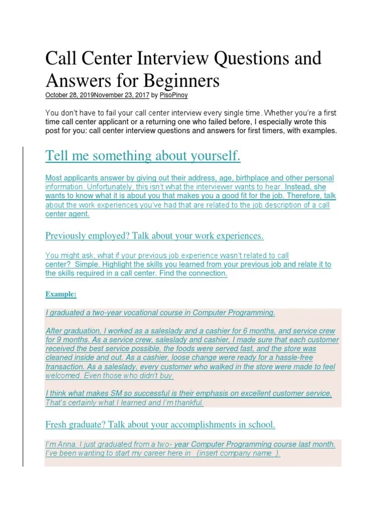 Call Center Interview Questions and Answer PDF Call Centre Job