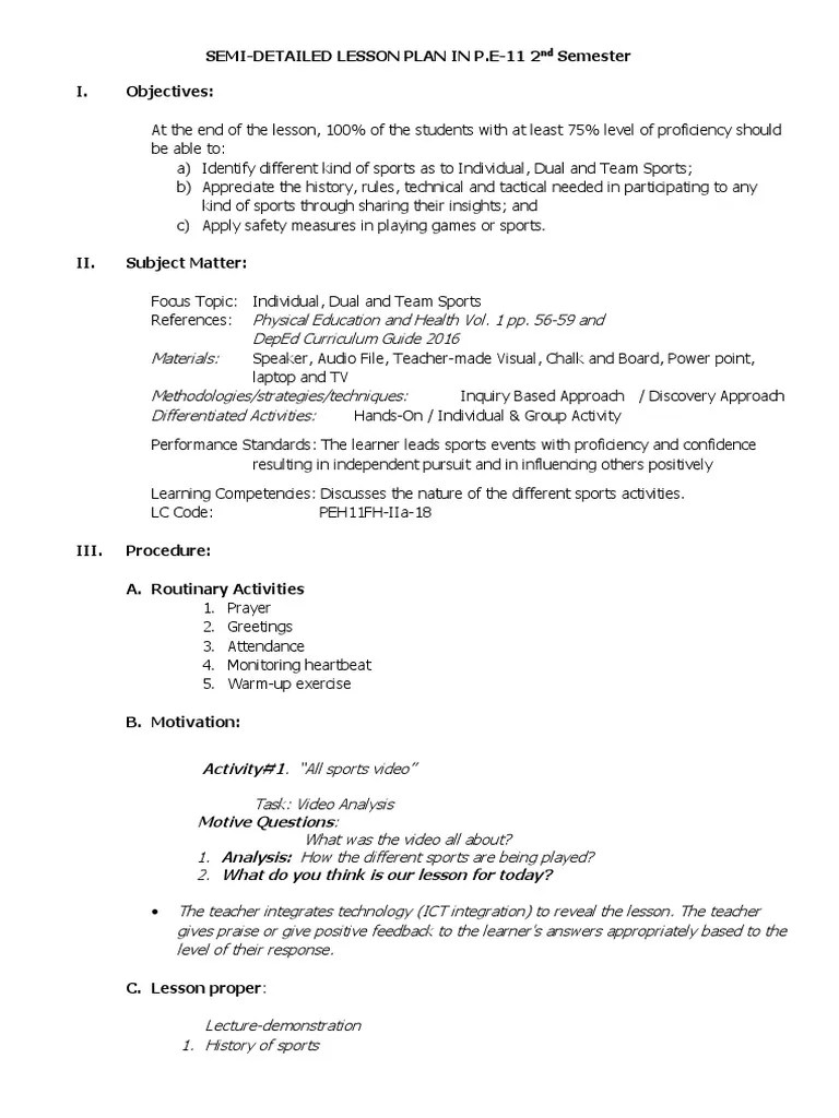 P.E. Lesson on Individual, Dual & Team Sports PDF Sports Motivation