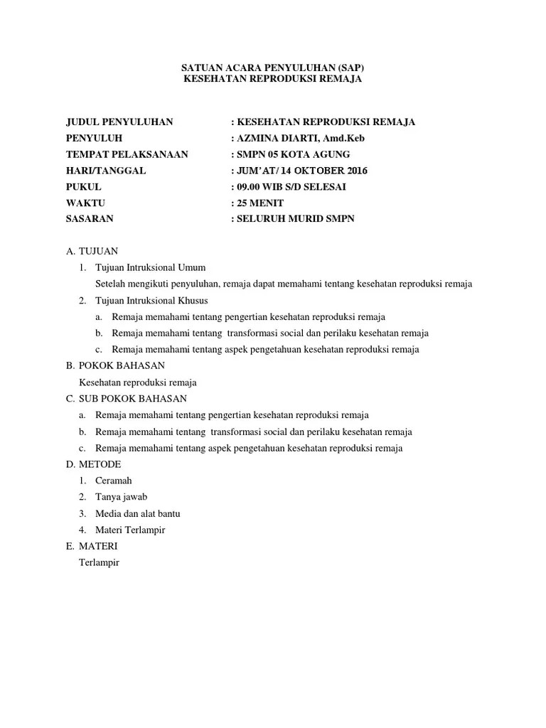 Satuan Acara Penyuluhan Kespro Remaja | PDF