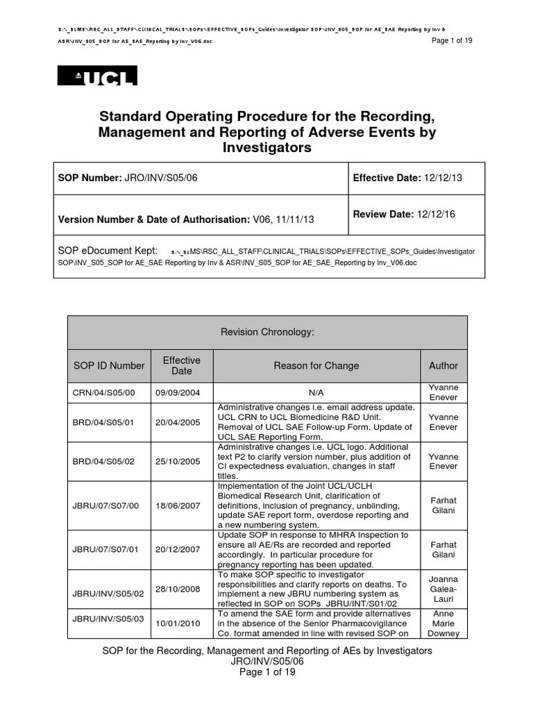 Standard Operating Procedure For The Recording, Management and