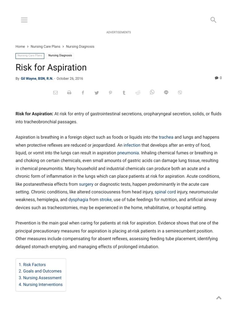 Risk For Aspiration PDF Health Care Diseases And Disorders