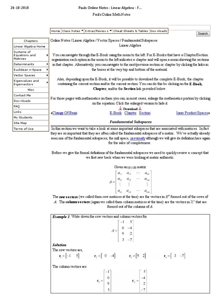Pauls Online Notes Linear Algebra Fundamental Subspaces PDF Basis (Linear Algebra