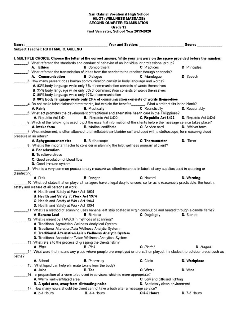 Wellness Exam | PDF | Massage | Test (Assessment)