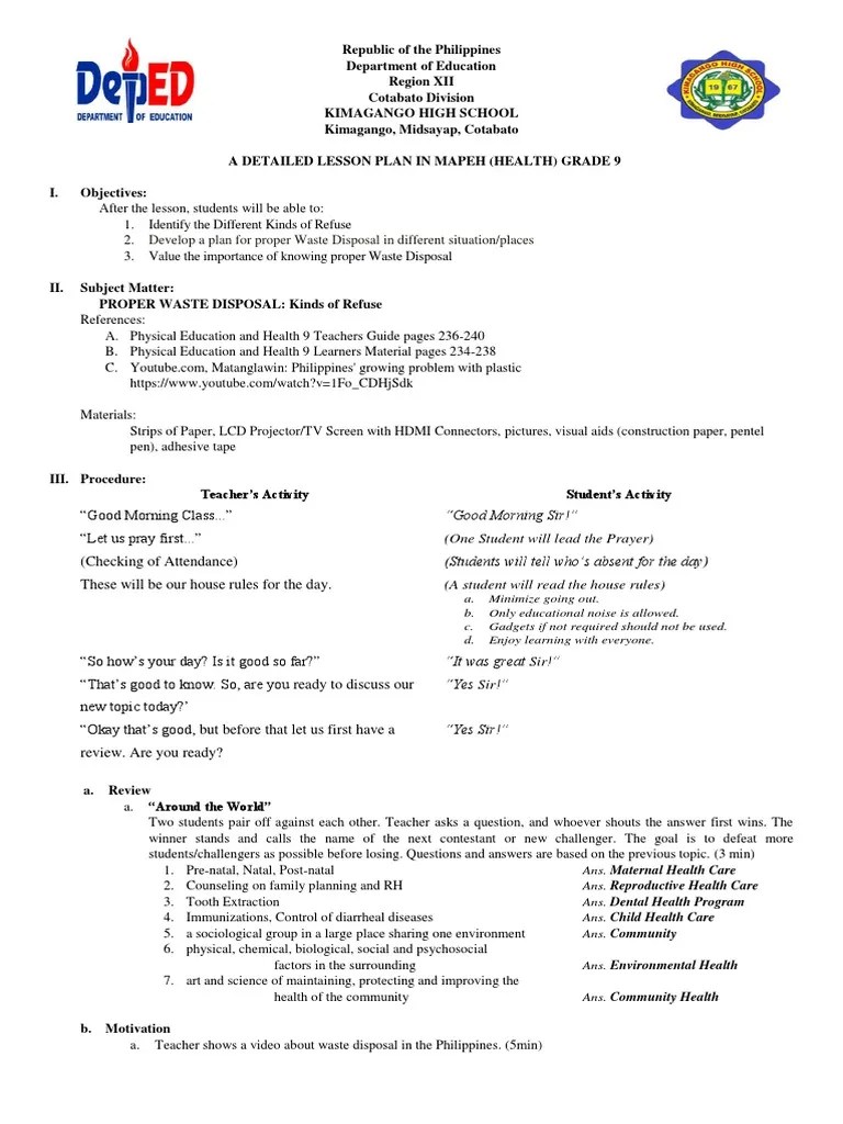 Lesson Plan Health COT 1 | PDF | Lesson Plan | Physical Education