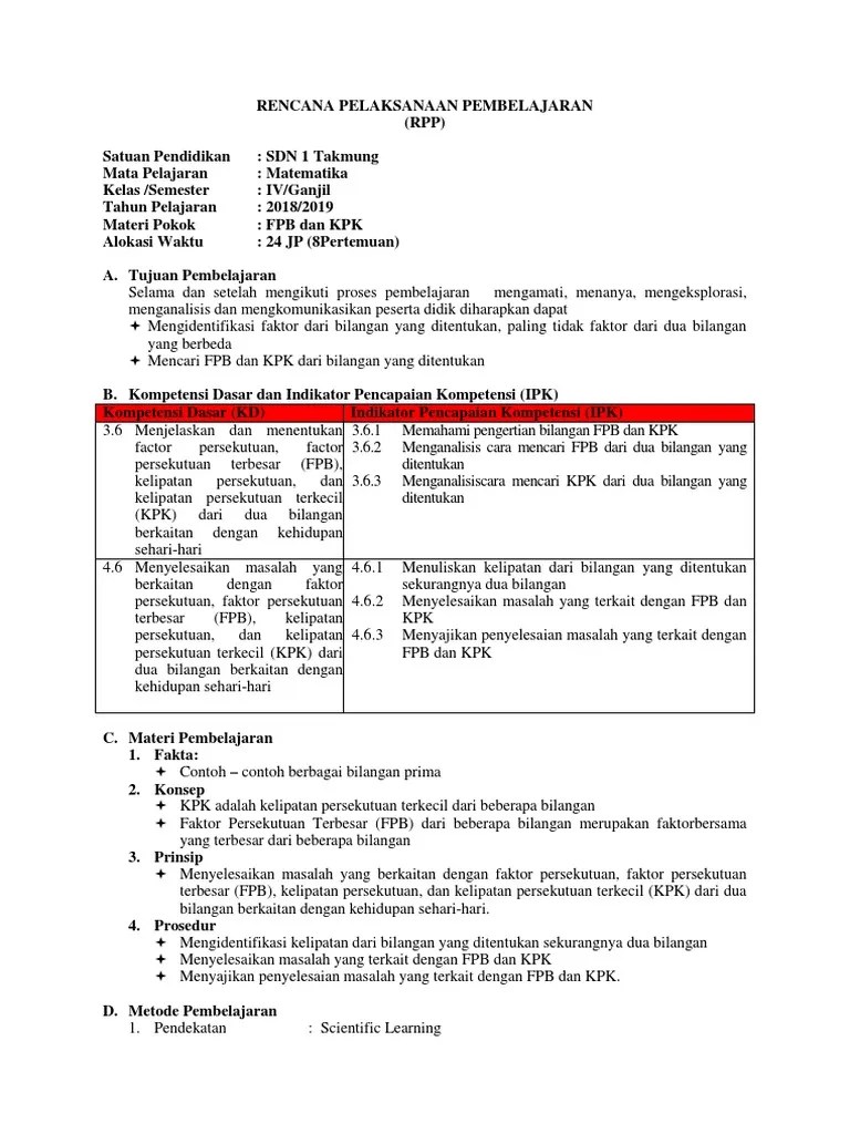RPP Matematika k13 SD Kelas 4 KD 3.6 Dan 4.6 PDF