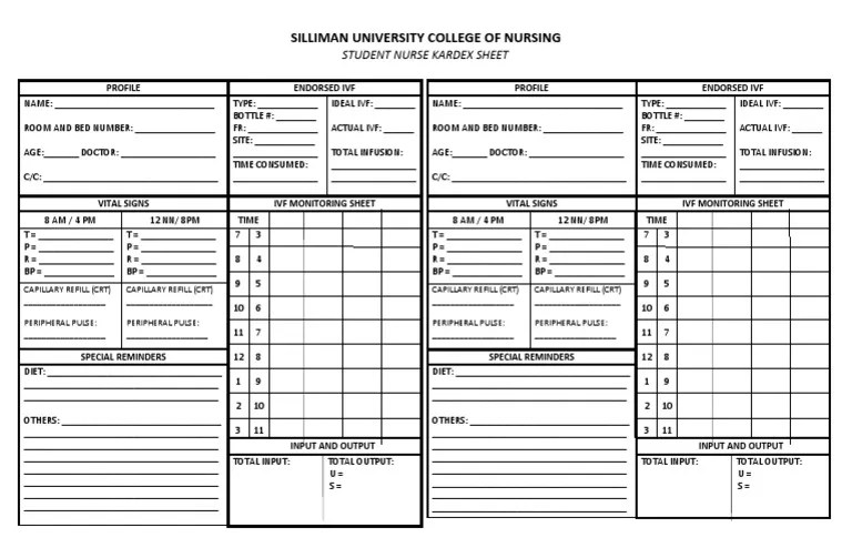 Student Nurse Kardex Sheet