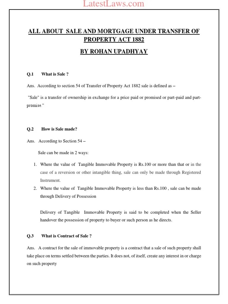 All About Sale and Mortgage Under Transfer of Property Act 1882 by