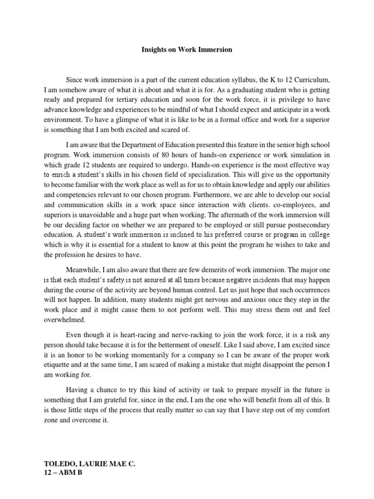 Insights on Work Immersion.docx Psychology & Cognitive Science Behavior Modification