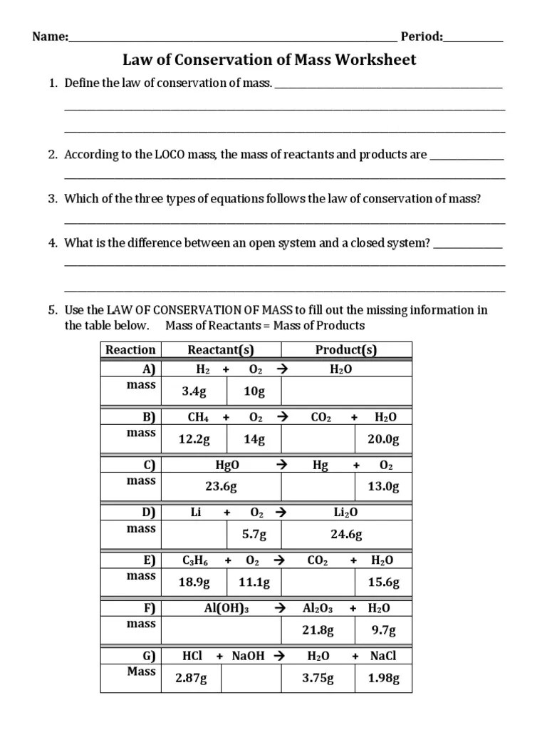Conservation Of Mass Worksheet - Zipworksheet.com