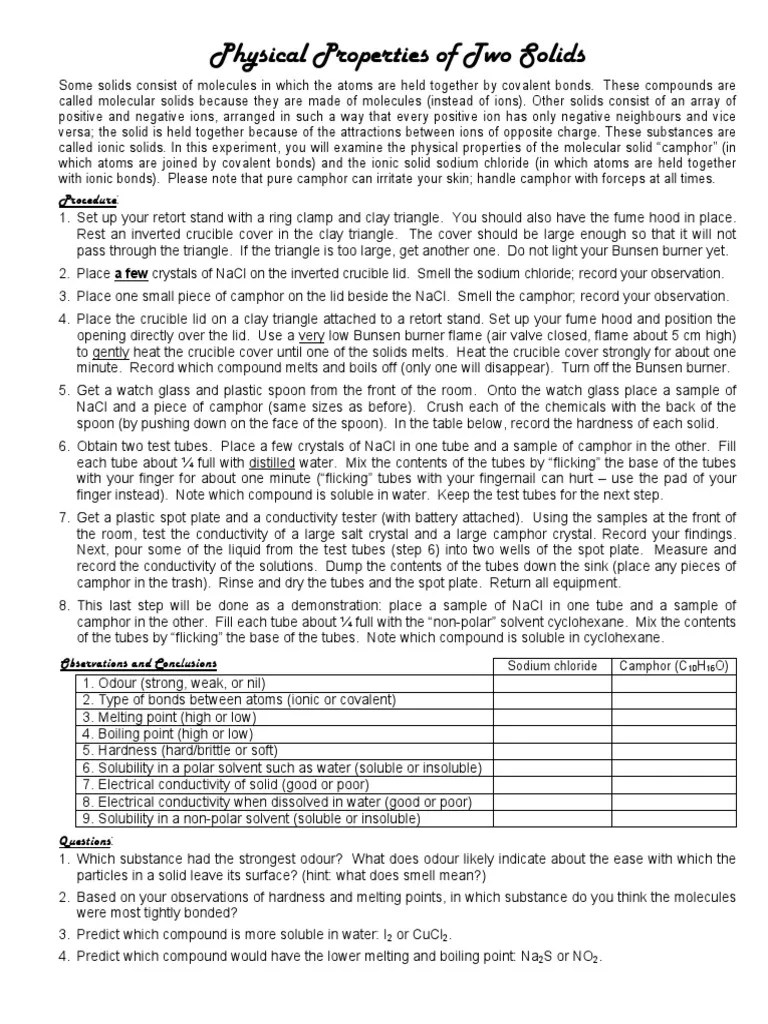 Two Solids Lab PDF PDF Ionic Bonding Solubility