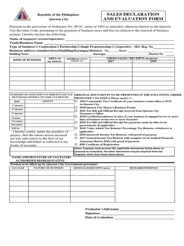 Sales Declaration and Evaluation Form PDF Tax Return (United States