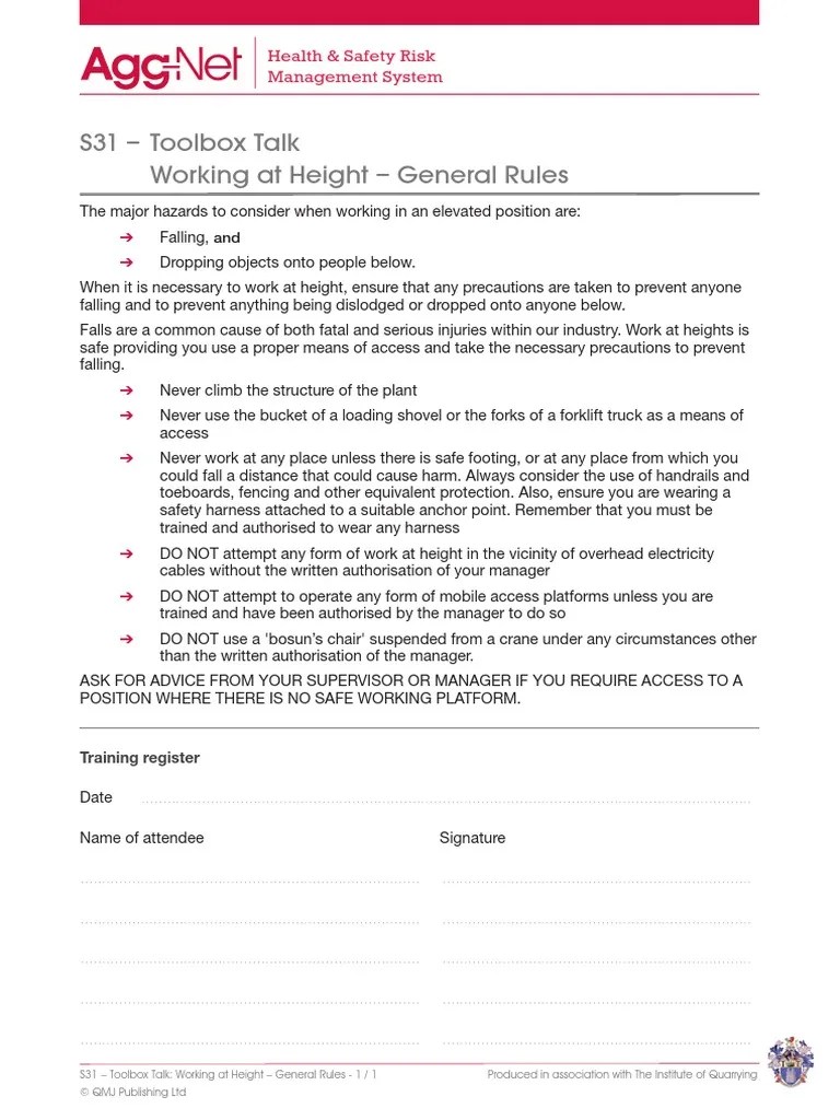 Toolbox Talk Working at Height General Rules Prevention Safety