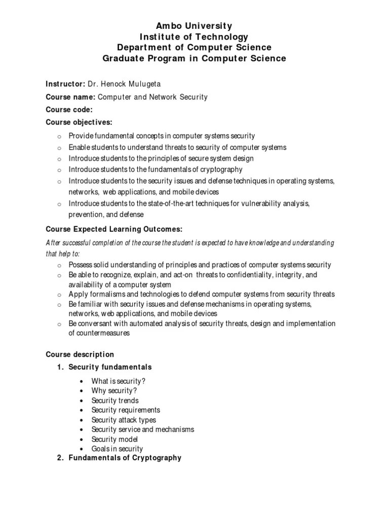 AU Security Course Outline PDF Cryptography Firewall