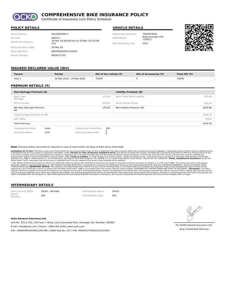 Acko Bike Policy DBCR0001091133300 Vehicle Insurance Insurance