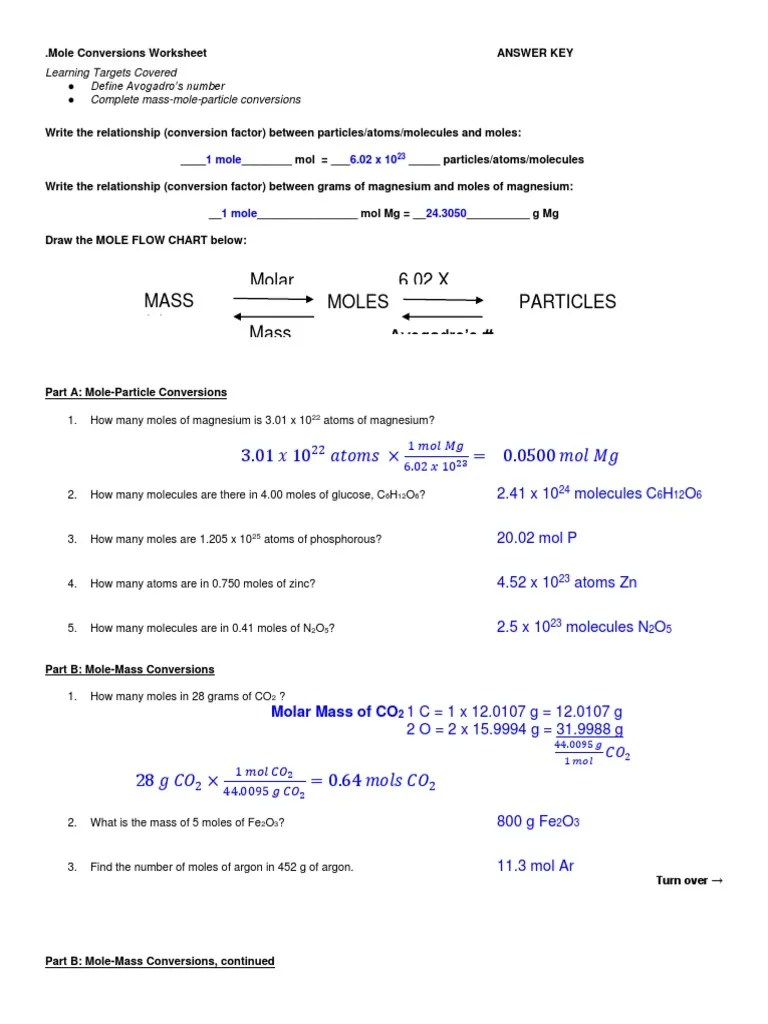 Mole Conversion Worksheet 2015 ANSWER KEY | PDF | Mole (Unit