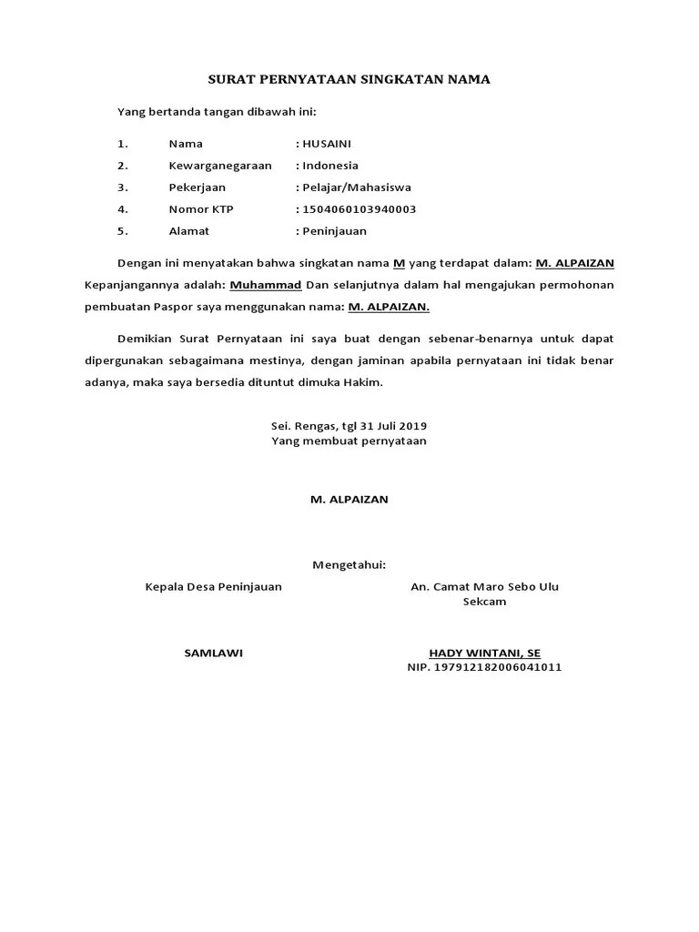 Surat Pernyataan Singkatan Nama | PDF