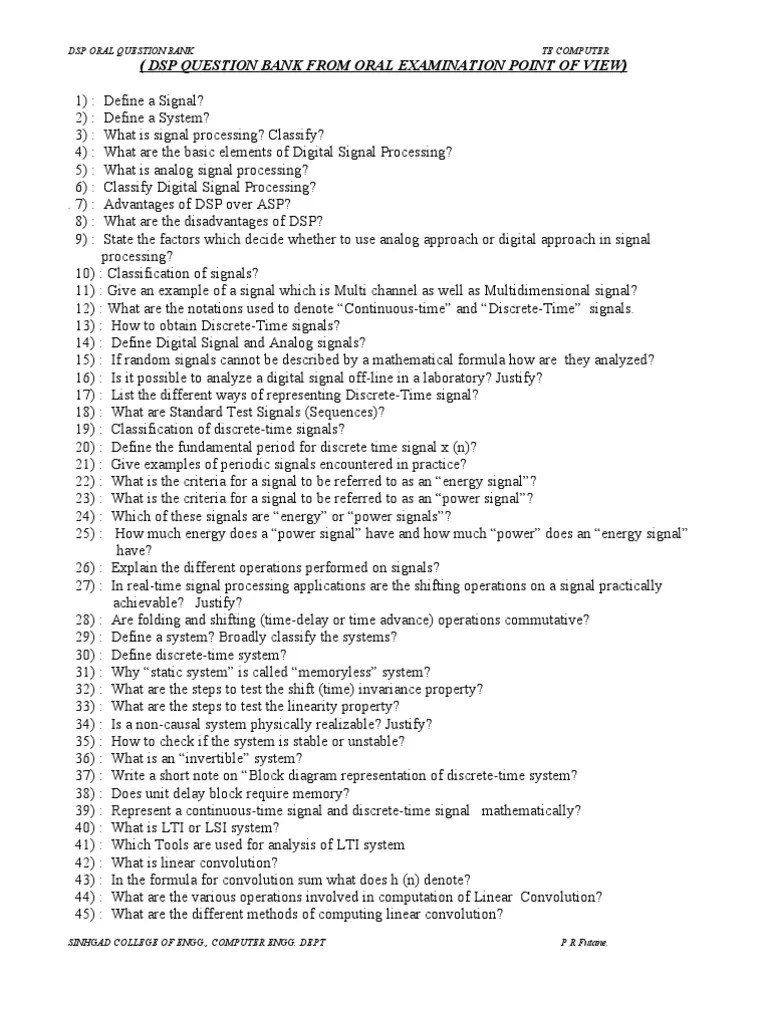 DSP Questions PDF Discrete Fourier Transform Discrete Time And