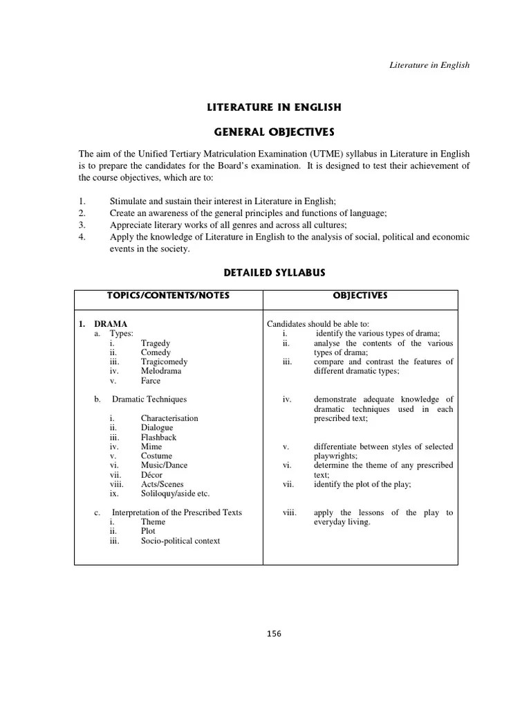 Literature in English Jamb Syllabus PDF Poetry Narrative