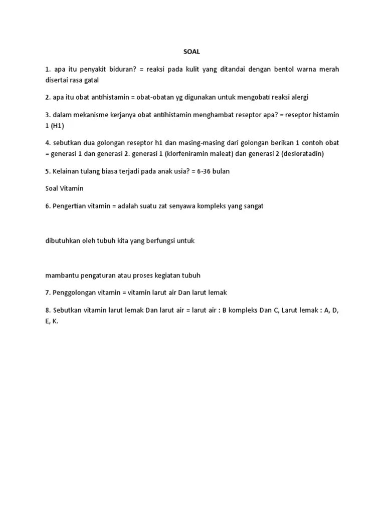 Soal Antihistamin-Vitamin Dan Mineral