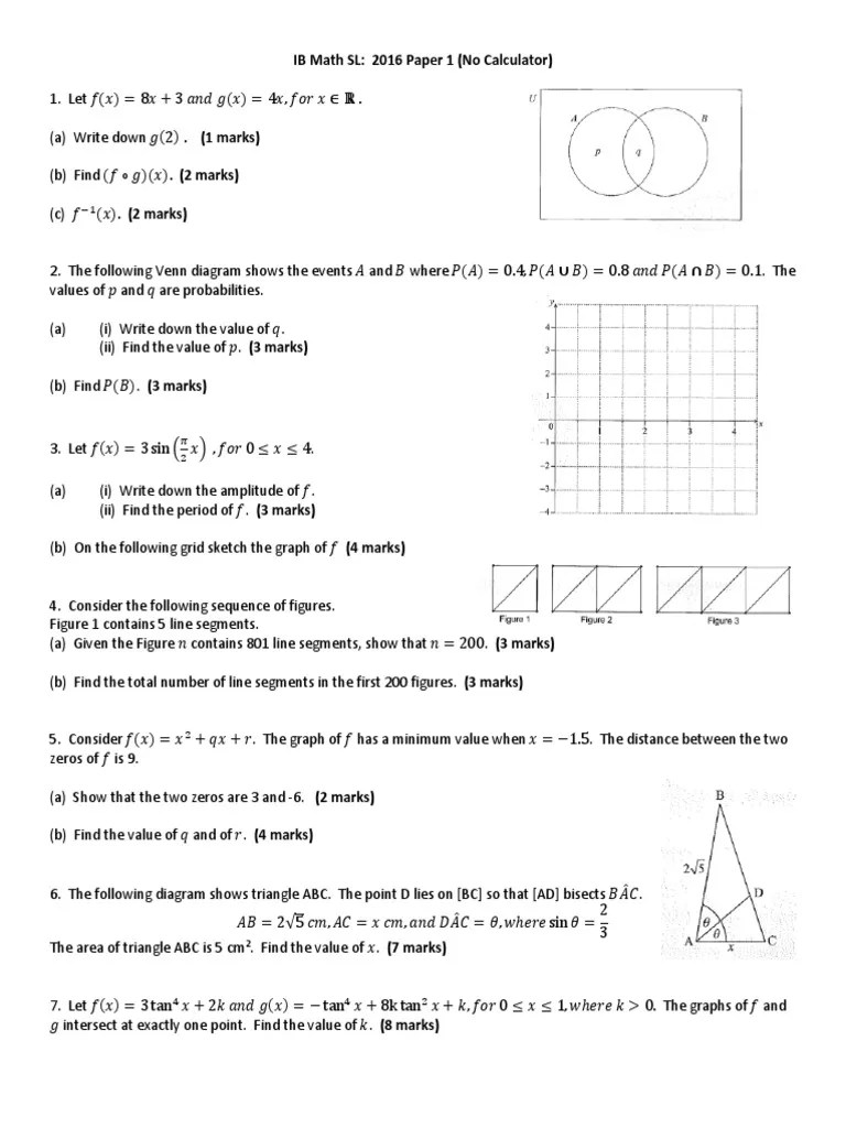 IB Math SL 2016 Paper 1 PDF Tangent Mathematical Analysis