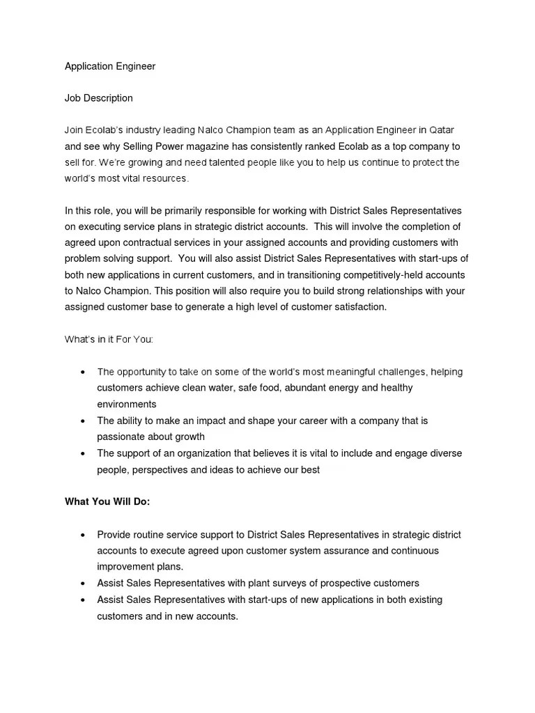 Application Engineer Job Description PDF Sales Affirmative Action