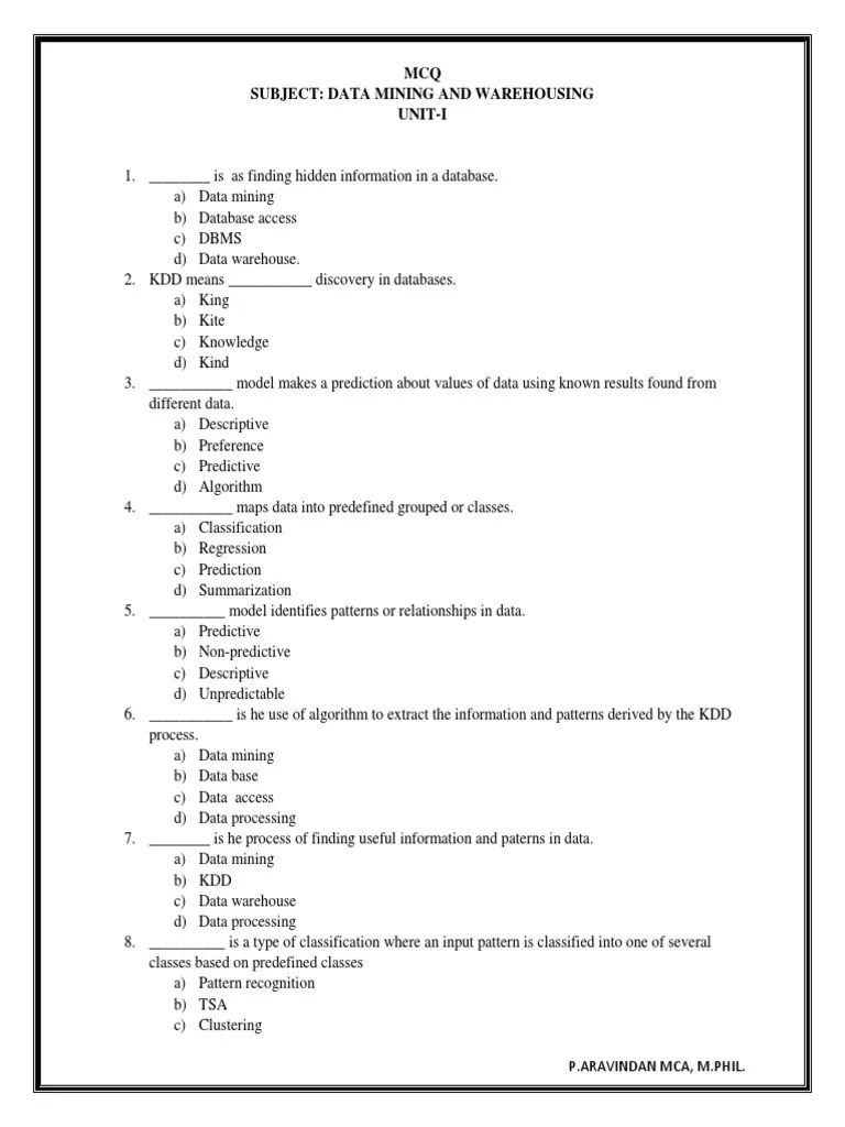 MCQ PDF Cluster Analysis Data Mining