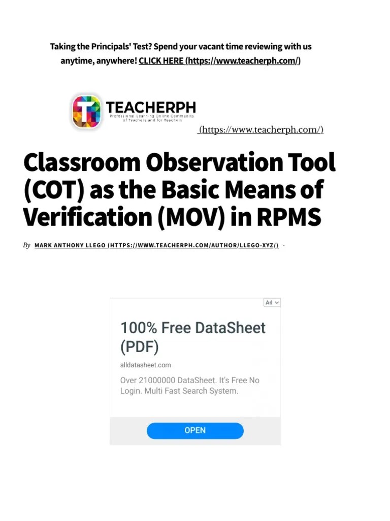 Classroom Observation Tool (COT) As The Basic Means of Verification