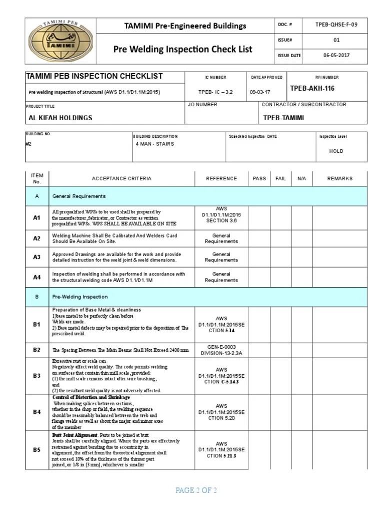 Pre Welding Checklist Welding Building Materials