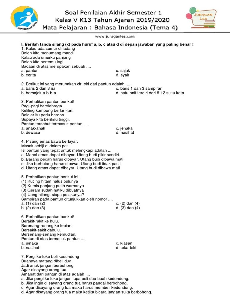 Soal Tematik Kelas 5 Tema 4 Mapel Bahasa Indonesia | PDF