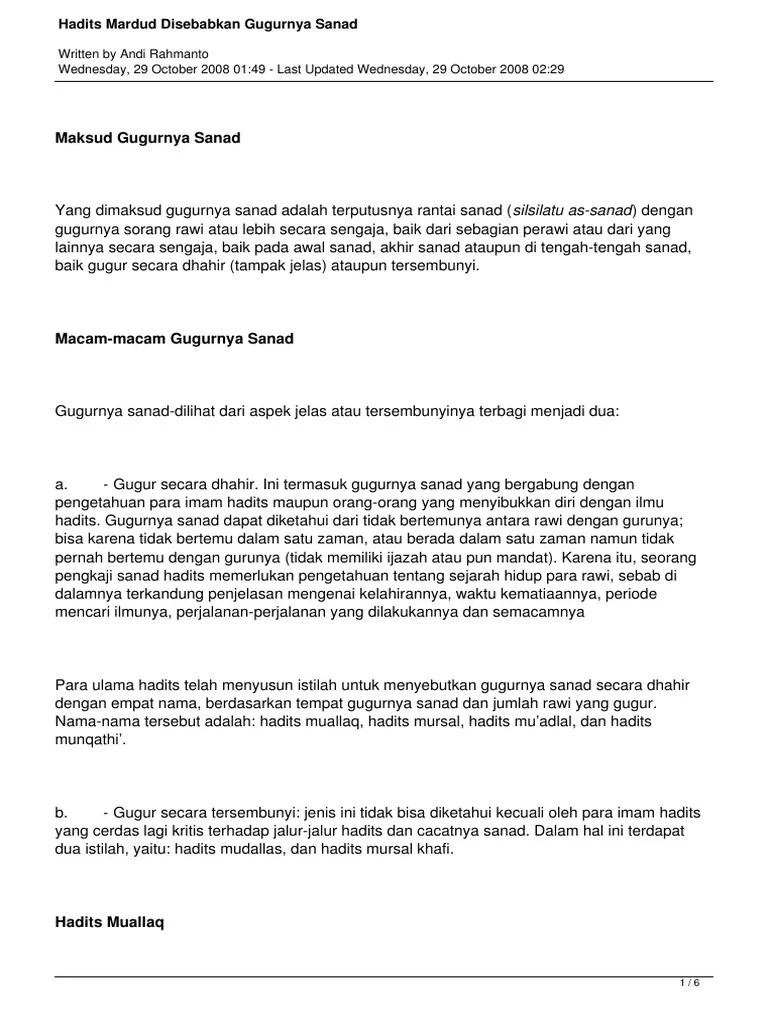 Hadits Mardud Disebabkan Gugurnya Sanad PDF | PDF