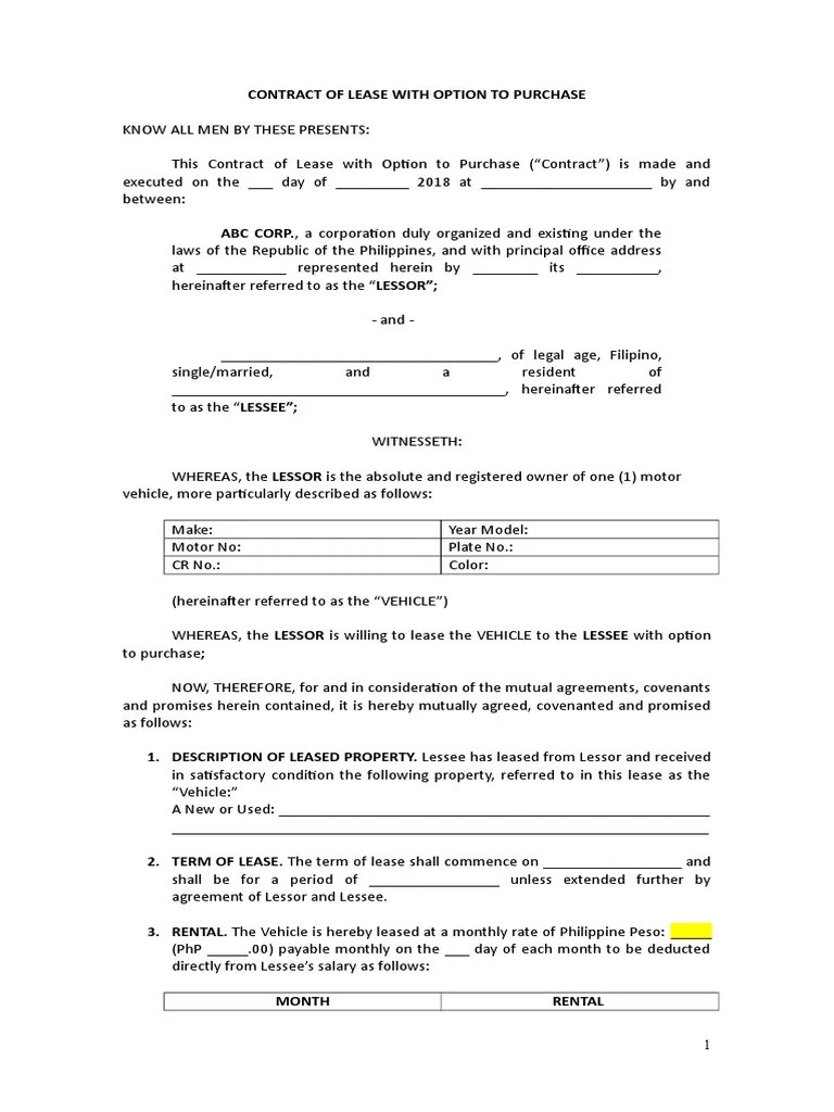 Sample Contract of Lease with Option to Purchase Motor Vehicle