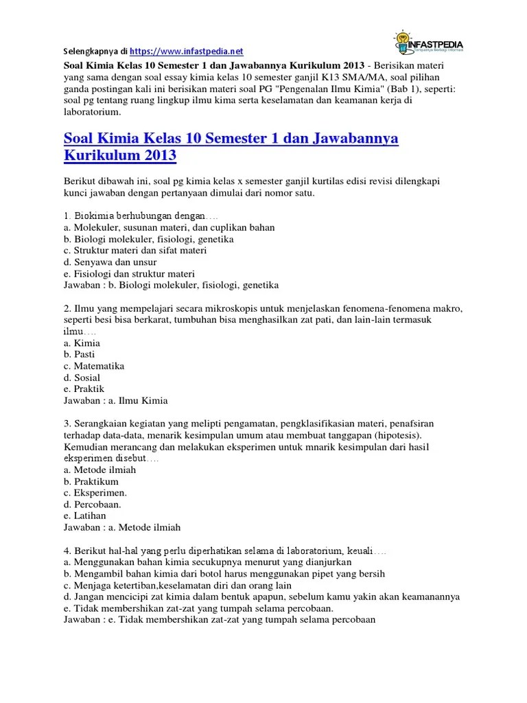 Soal Kimia Kelas 10 Semester 1 Dan Jawabannya Kurikulum 2013 | PDF