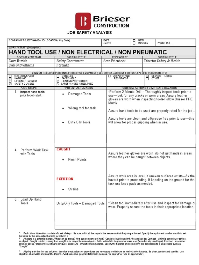 JSA Hand Tools PDF Personal Protective Equipment Prevention