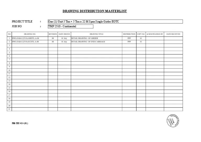 Project Details and Drawing Distribution Masterlist for a 5 Ton + 5 Ton