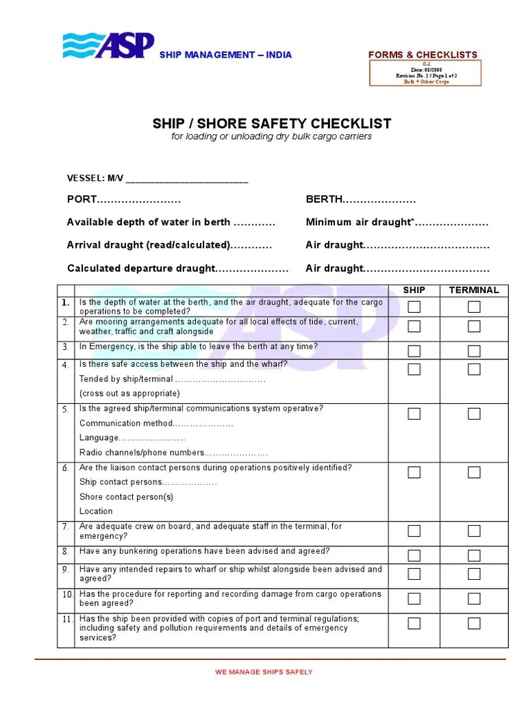 O1 Ship Shore Safety Checklist PDF Ships Cargo