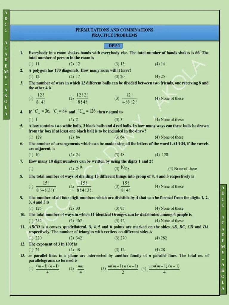 Permutations and Combinations Practice Problems Solutions and