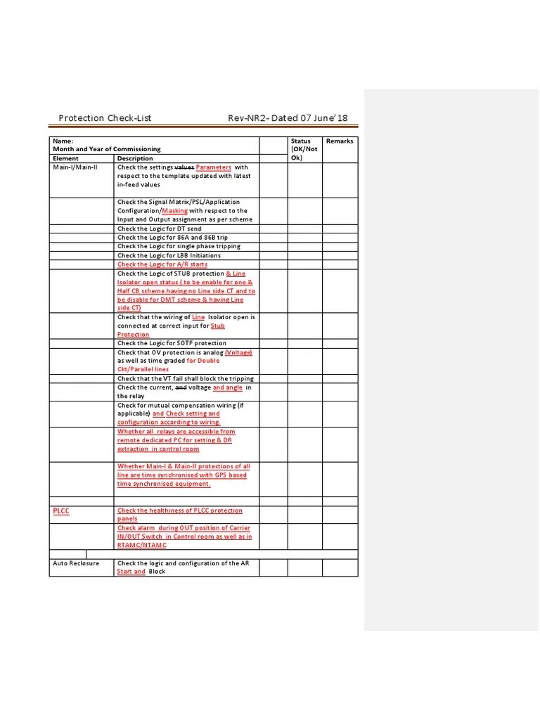 Protection CheckList Rev01 PDF Relay Electrical Substation