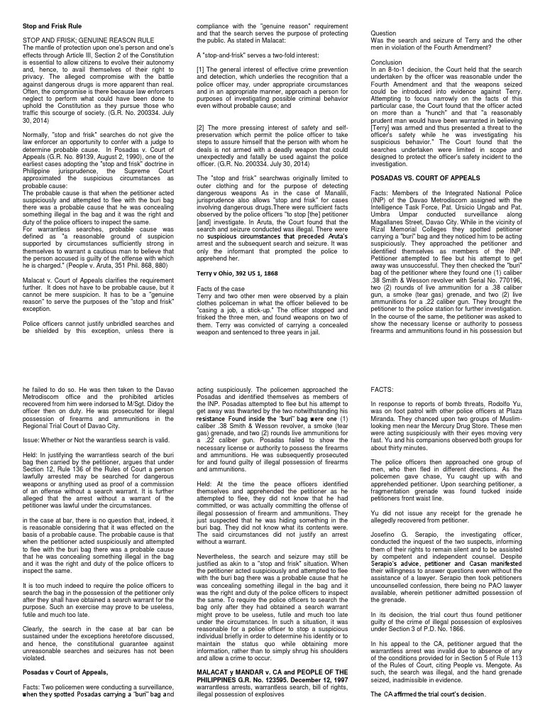 Stop and Frisk Rule PDF Terry Stop Search And Seizure