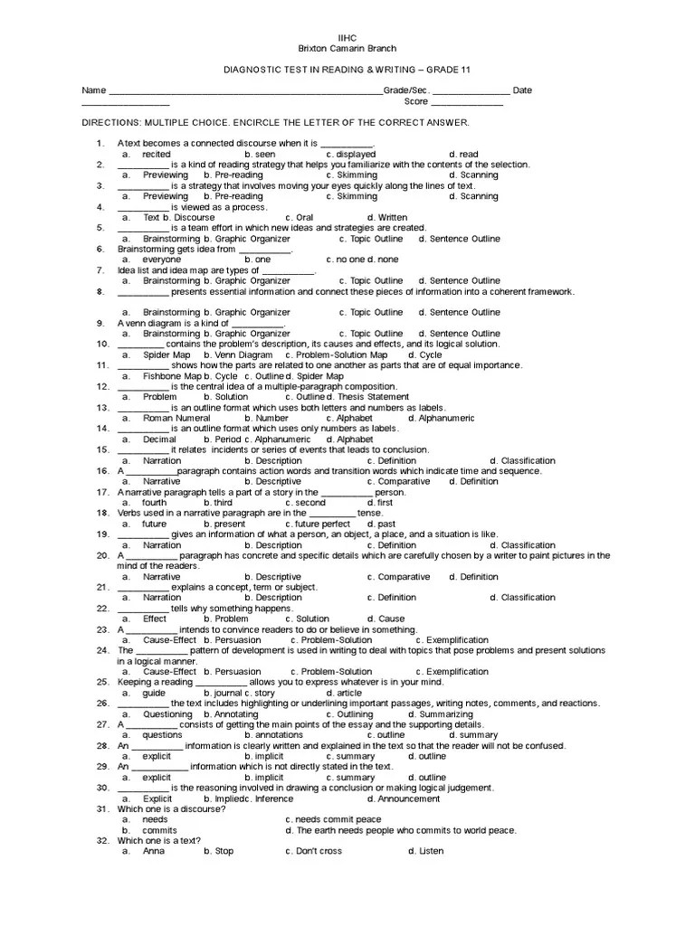 Diagnostic Test in Reading and Writing Analyzing a High School Level