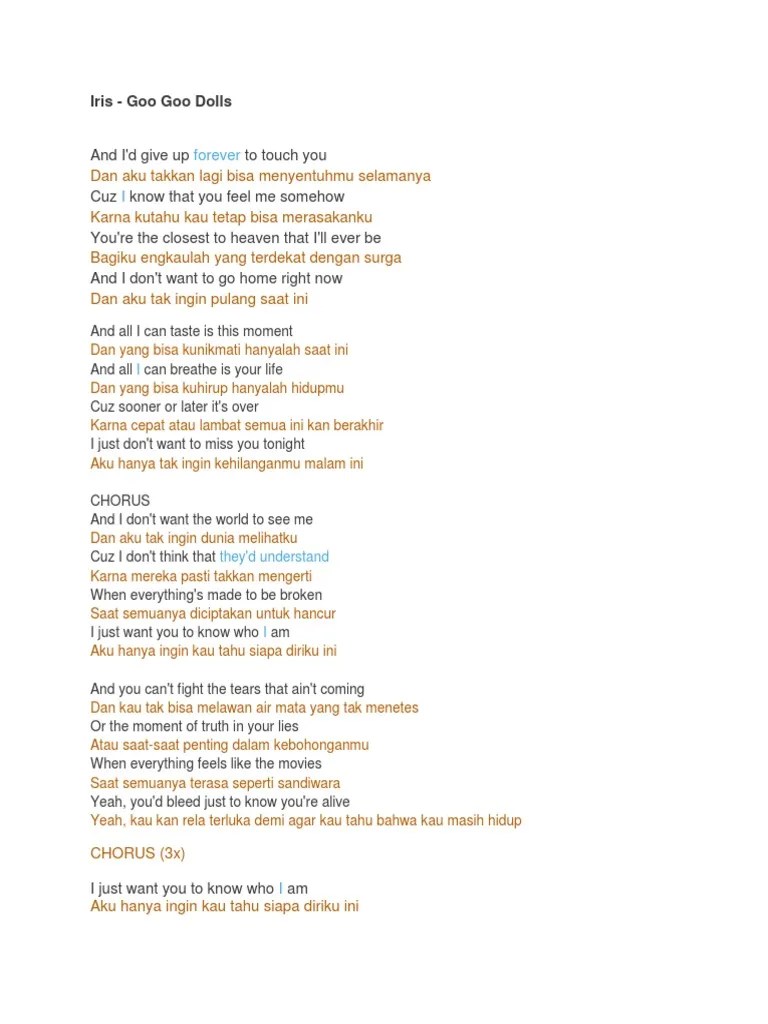 Lirik Lagu Iris Goo Goo Dols Serta Terjemahannya | PDF