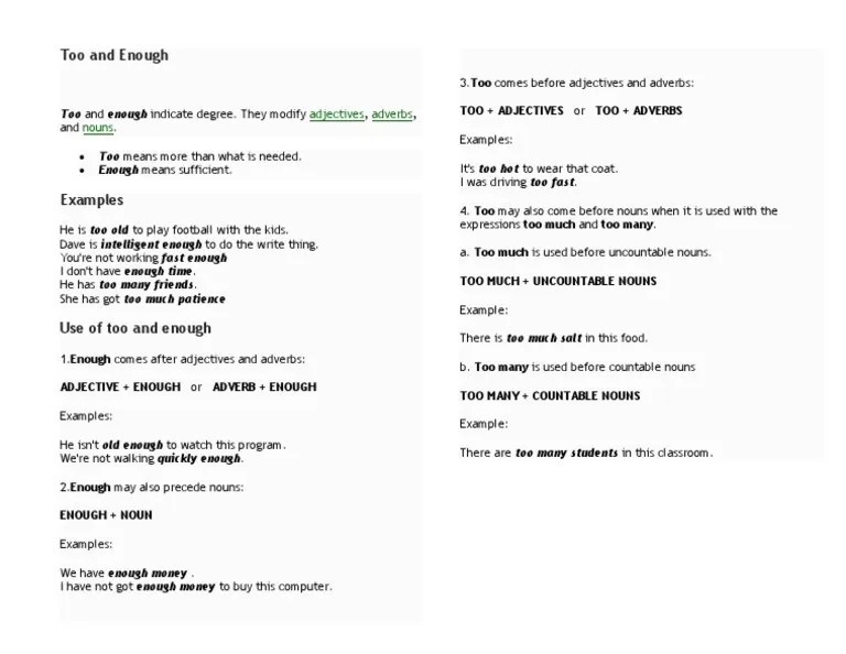 Too and Enough | PDF