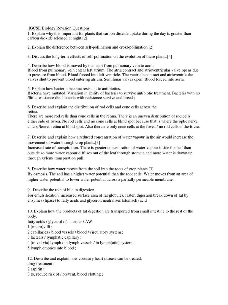 IGCSE Biology Revision Questions Heart Valve Dialysis