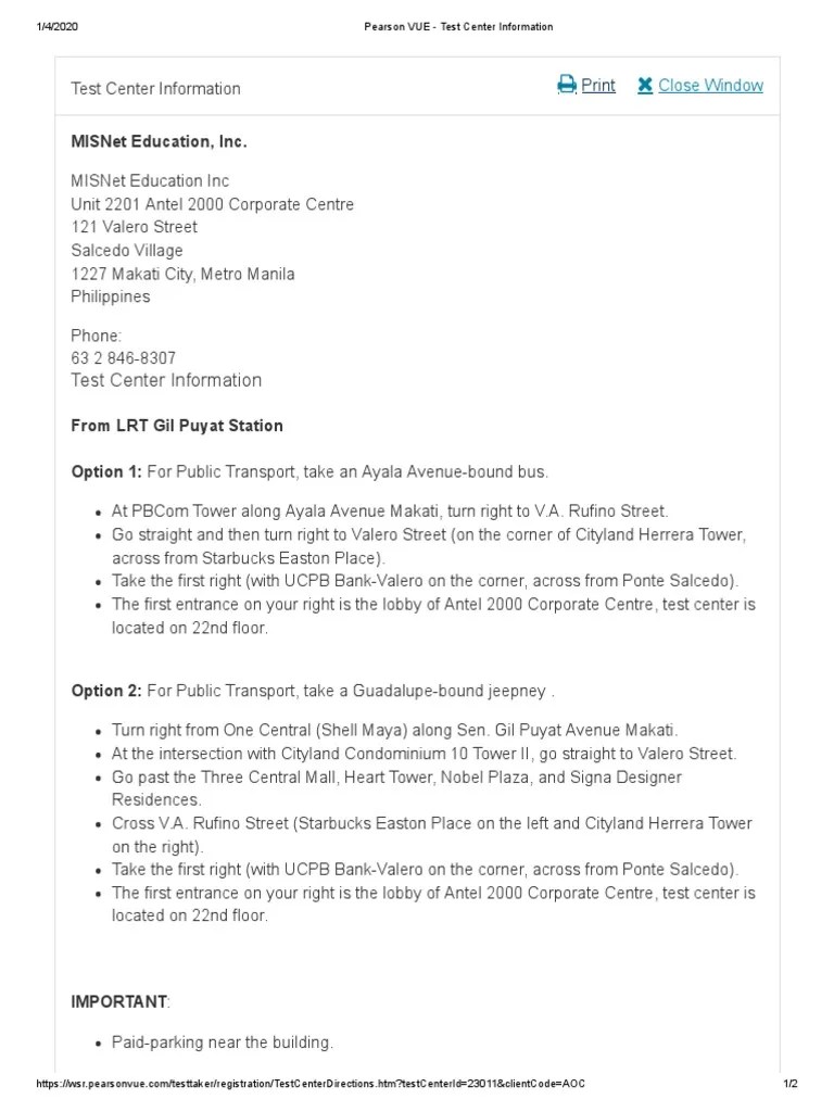 Pearson VUE Test Center Information PDF Makati Public Transport