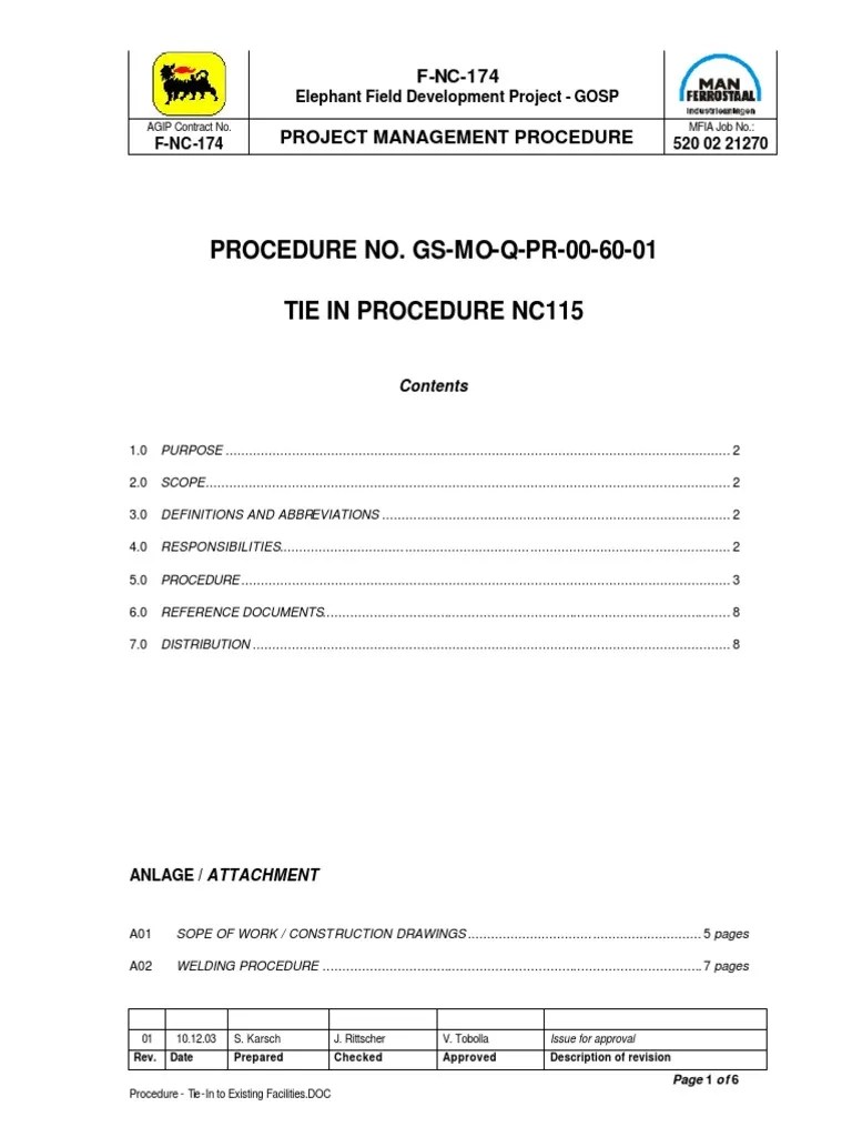 Procedure TieIn To Existing Facilities PDF Pipe (Fluid