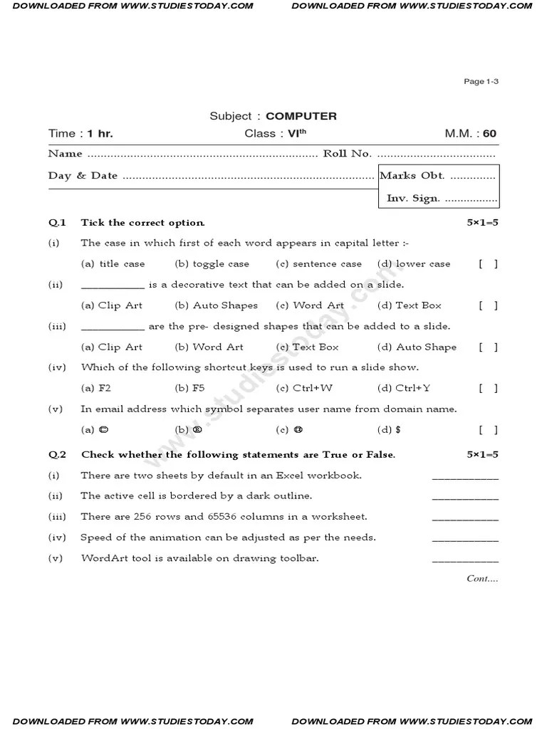 CBSE Class 6 Computer Science Question Paper Set D PDF PDF